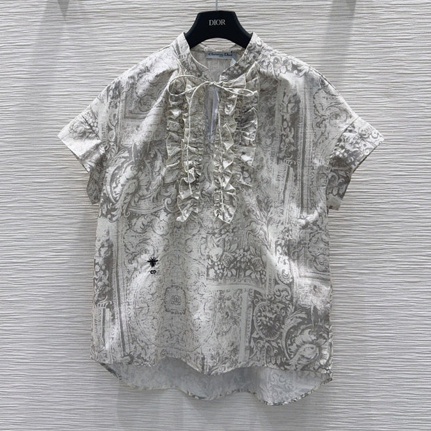 Dior 2026 Toile de Jouy Pattern Shirt With Lace Trim Grey Cotton 449989