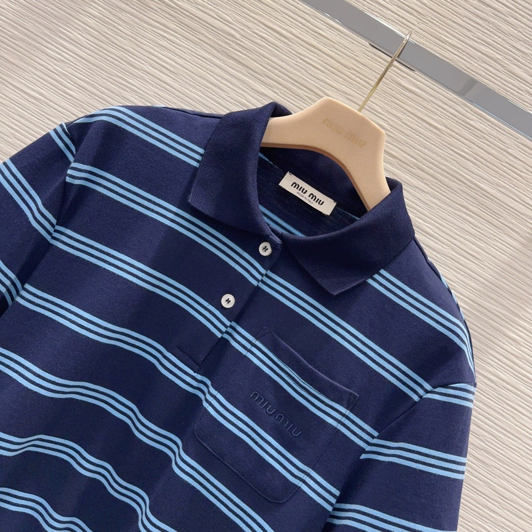 Miu 26s Set Striped Polo Top Short Khahi Blue Cotton 394883
