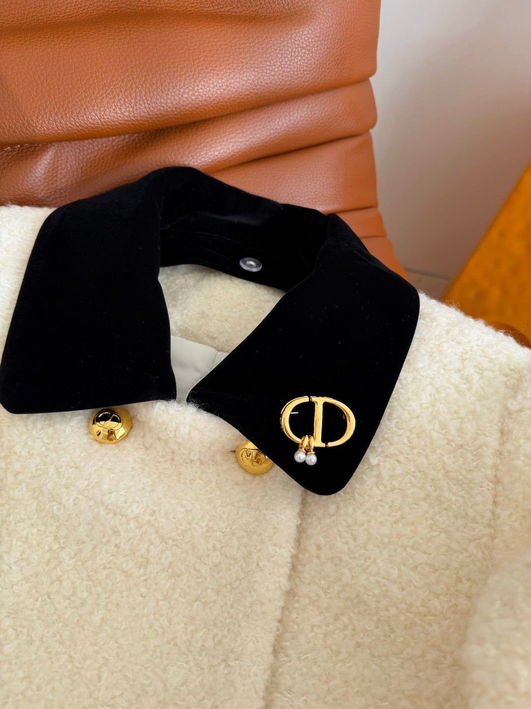 CD Ivory White Black Wool Coat Velvet 333561