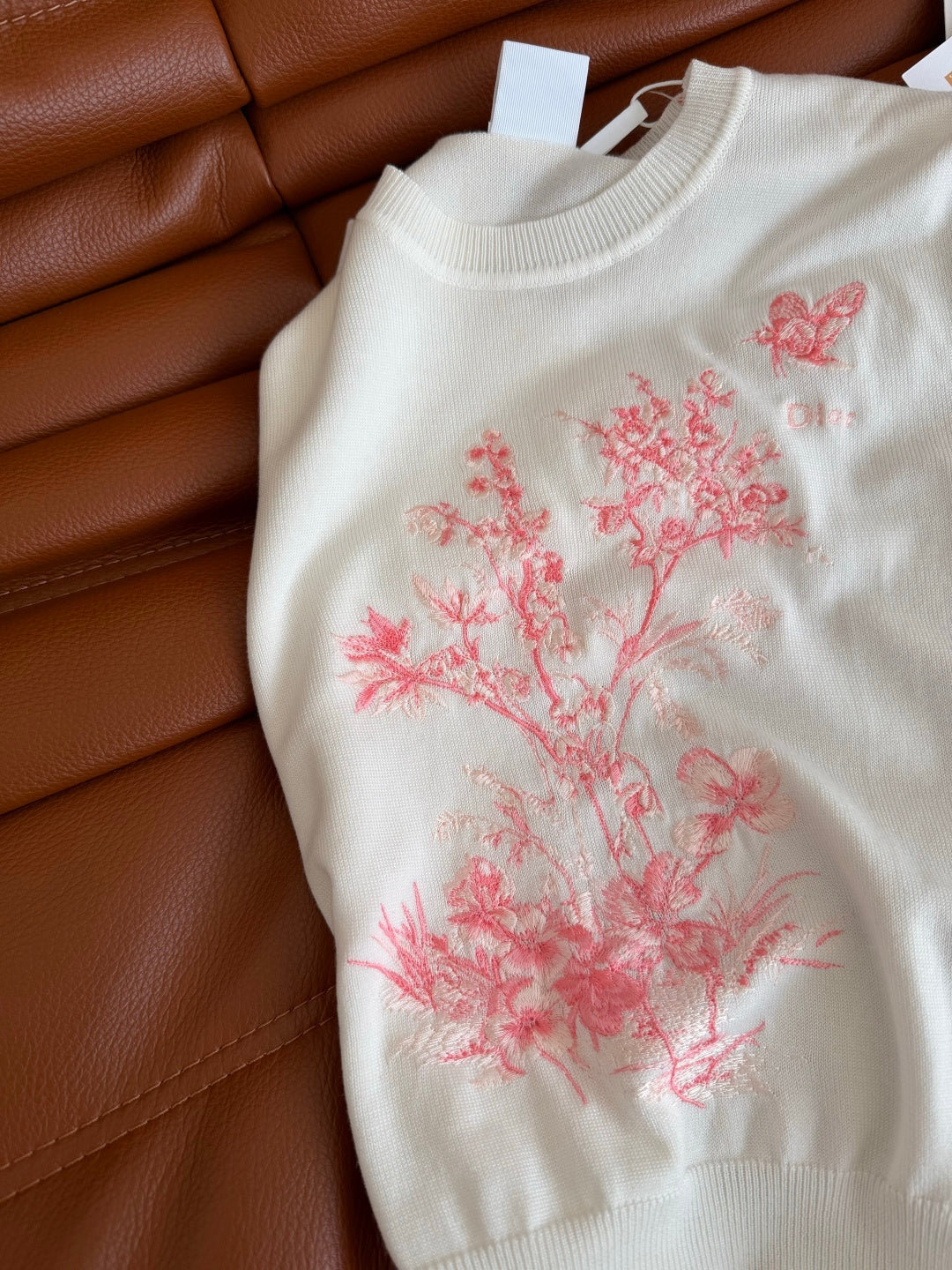 CD Short-Sleeved Embroidered Sweater White Pink Cotton 371637