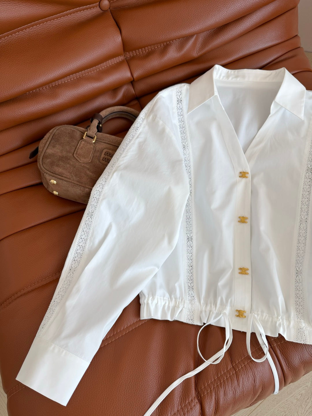 Celine 26s Triomphe Hollow-out Striped Shirt White Cotton 424364