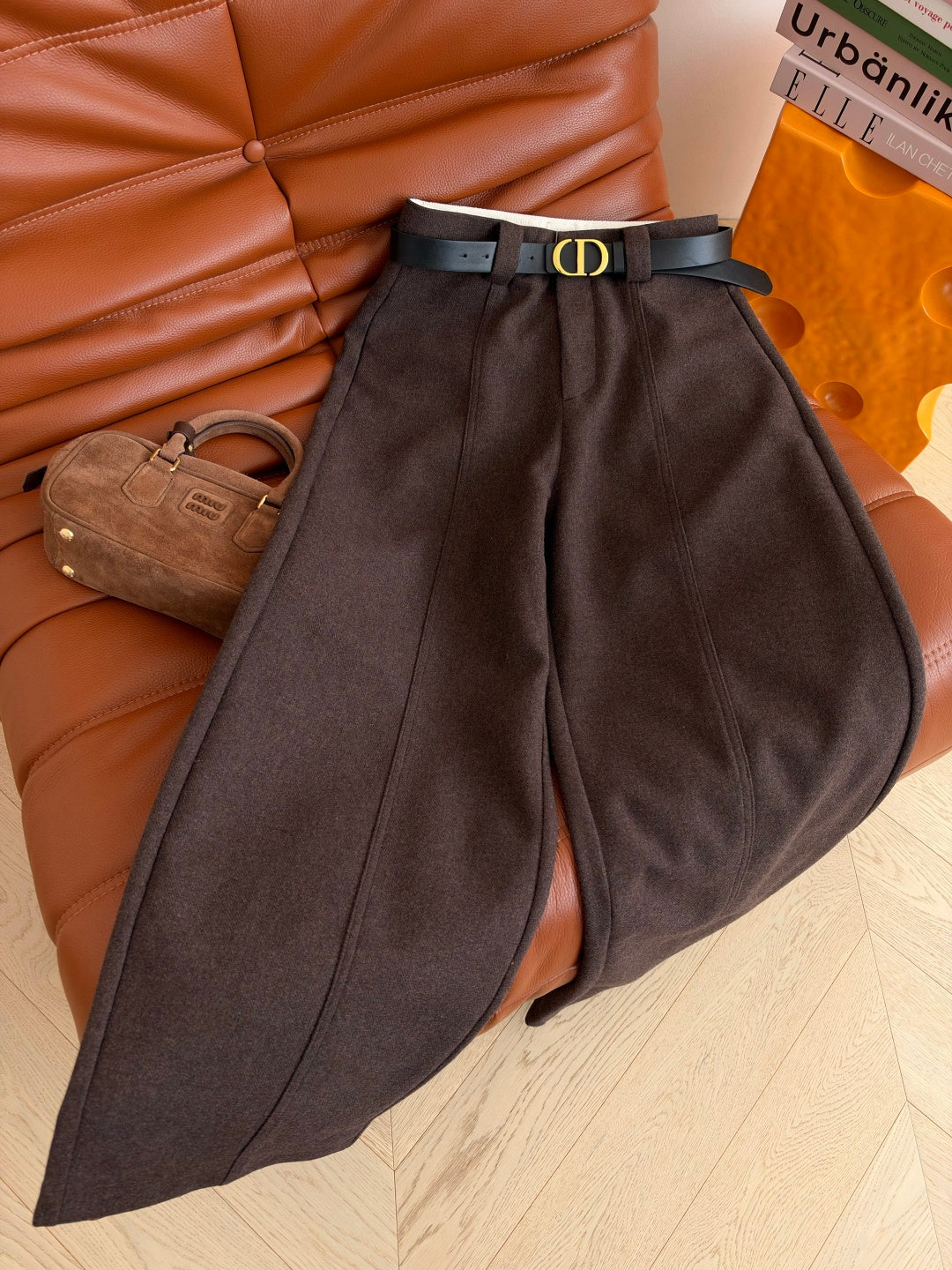 Dior 26s CD Buckle Belted Wide Leg Trousers Grey Brown 445034