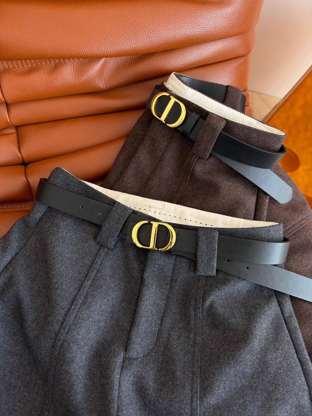 Dior 26s CD Buckle Belted Wide Leg Trousers Grey Brown 445034