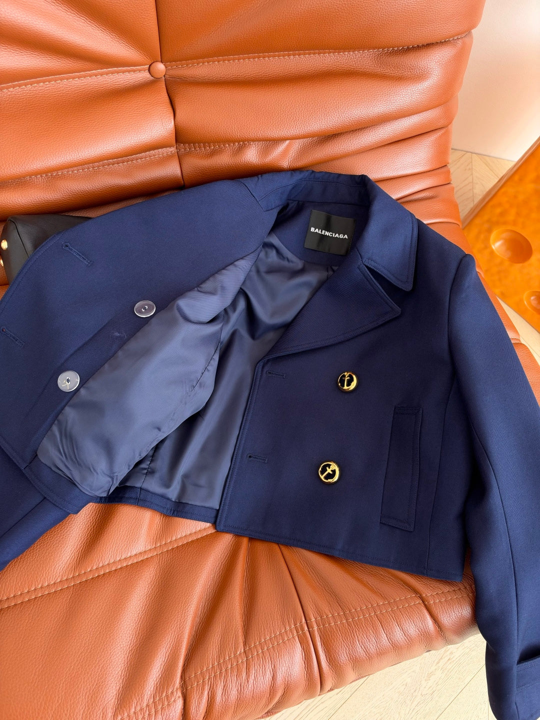 Balenciaga 26s Gold Button Double Breasted Cropped Jacket Navy 450004