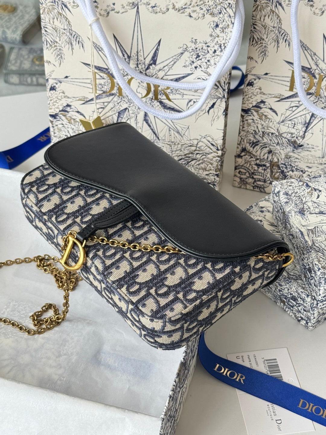 CD S5907CNKO Medium Saddle Pouch with Chain 21.5cm Blue Jacquard Cowhide GHW