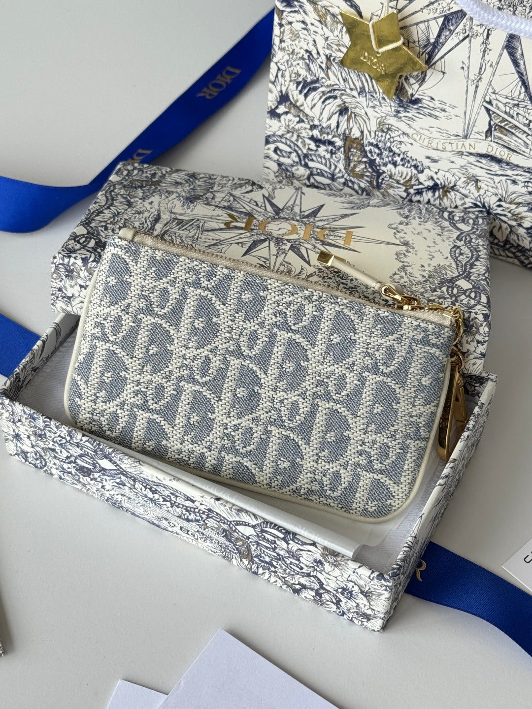 CD 30 Montaigne Coin Purse Key Bag Grey White Jacquard GHW