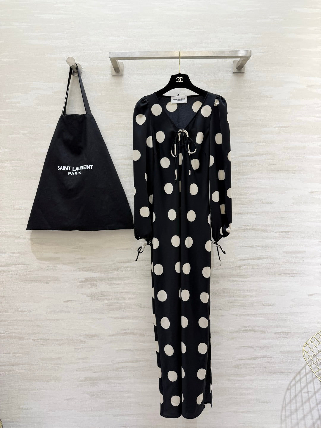 YSL Polka Dot Satin Long Dress Black White 394186