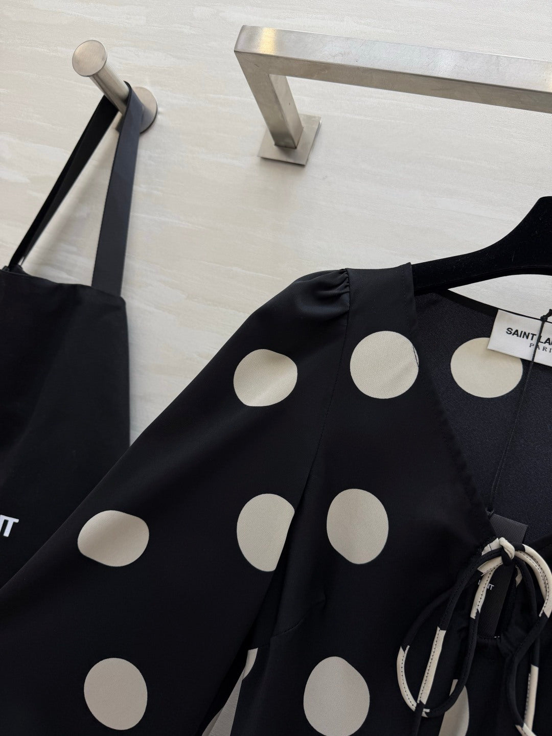 YSL Polka Dot Satin Long Dress Black White 394186
