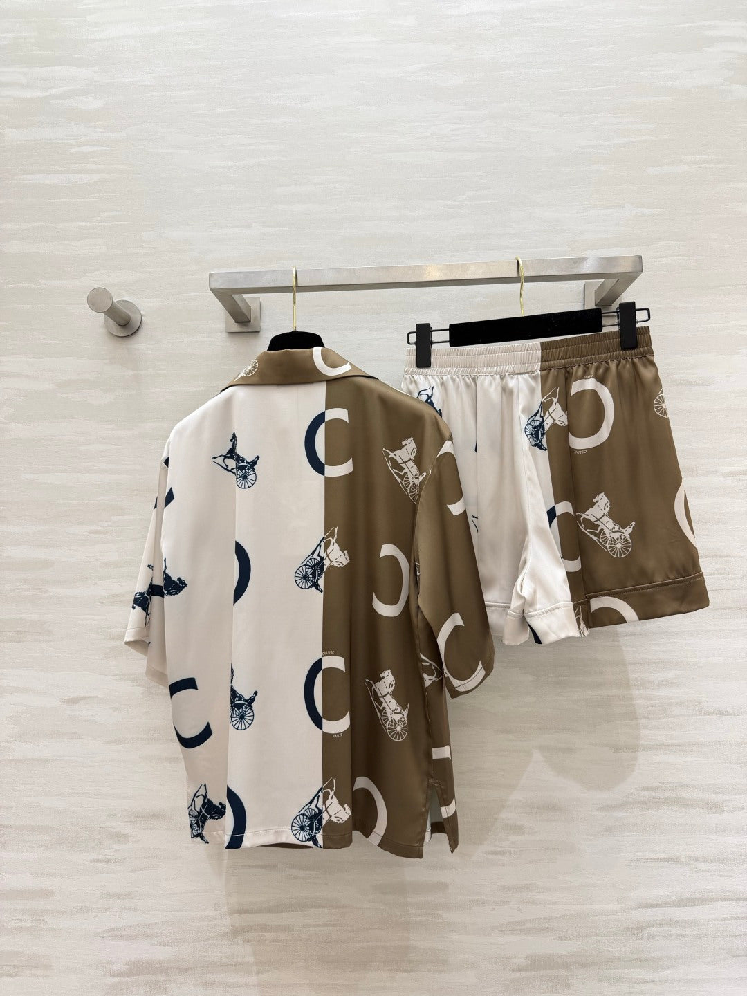 Celine Set Pyjama Shirt Short Brown White Silk Twill 397059