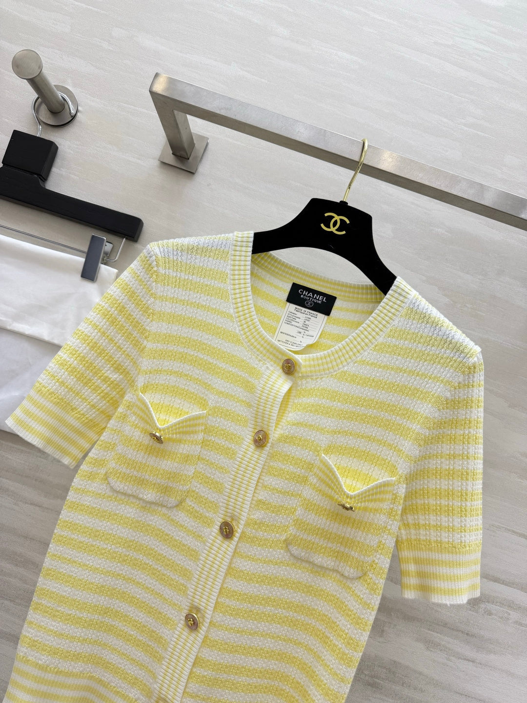 CC 26s Striped Short-Sleeved Top Creamy Yellow White Knit 397045