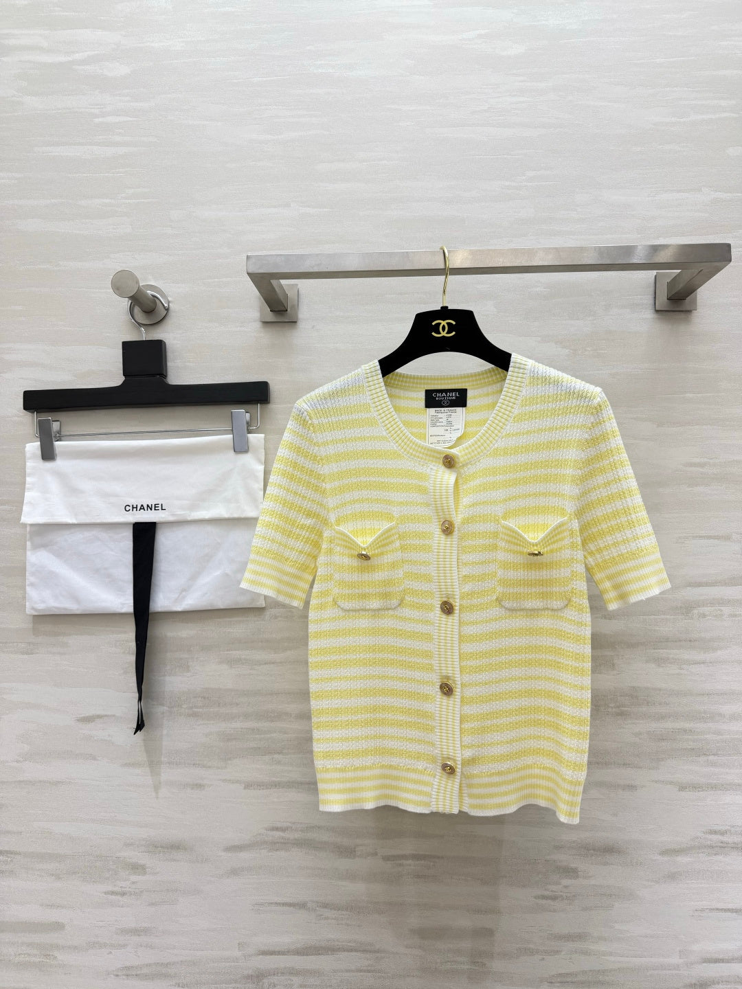 CC 26s Striped Short-Sleeved Top Creamy Yellow White Knit 397045