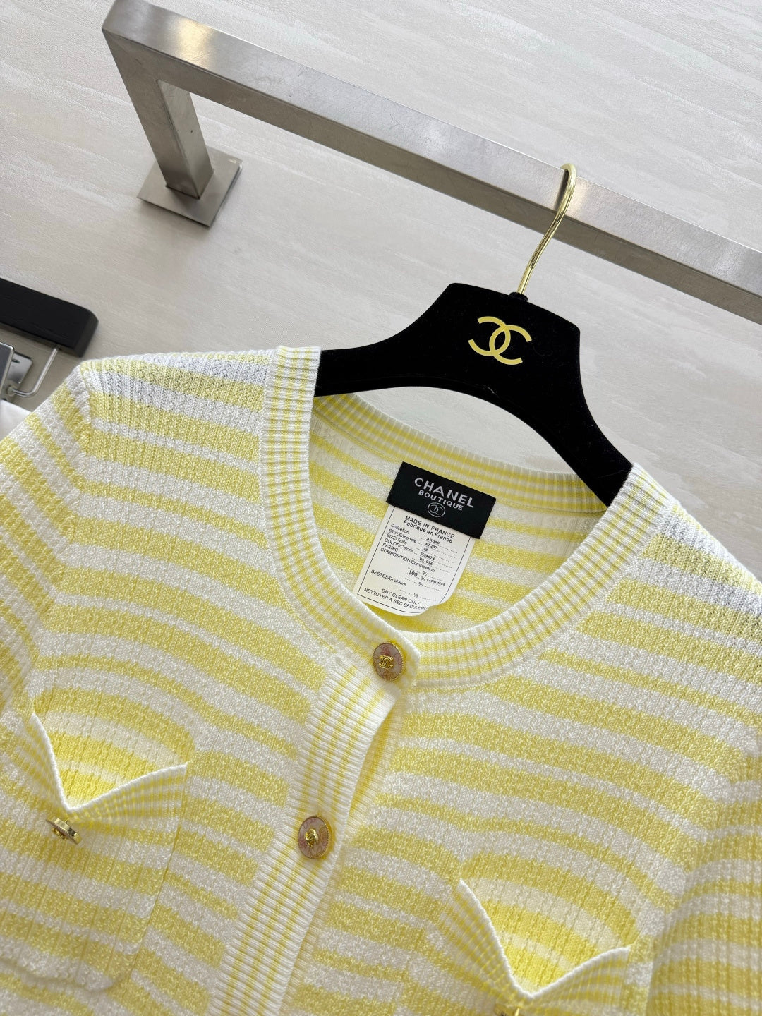 CC 26s Striped Short-Sleeved Top Creamy Yellow White Knit 397045