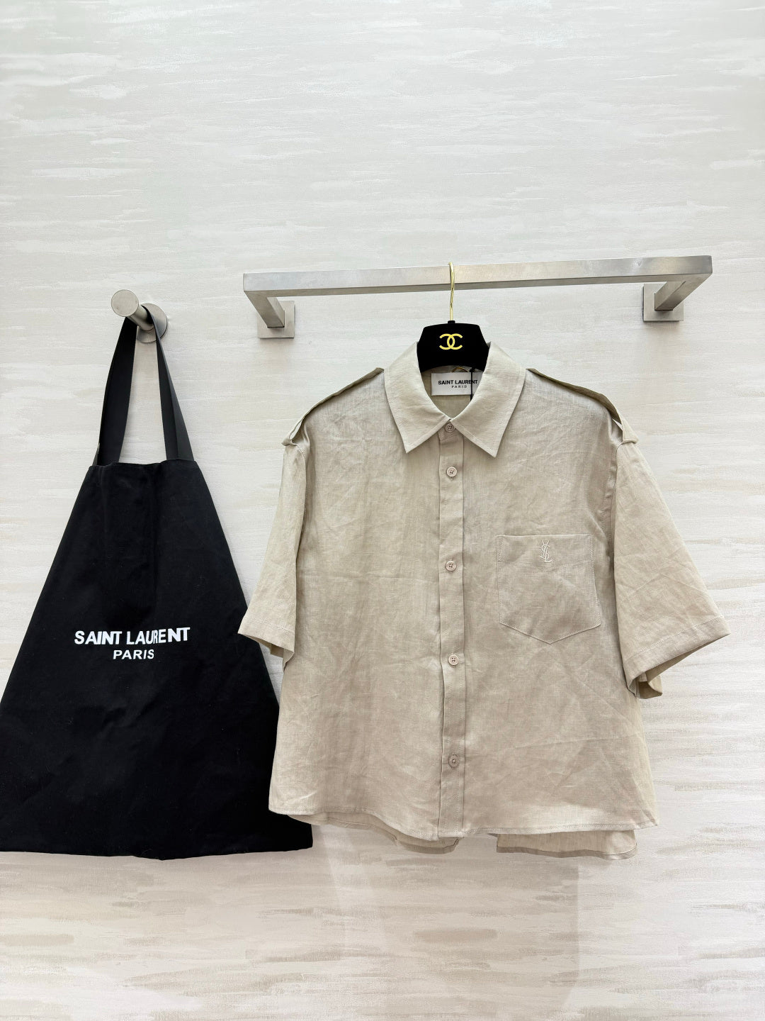 YSL 26s Short-Sleeve Shirt Cream Linen 397024