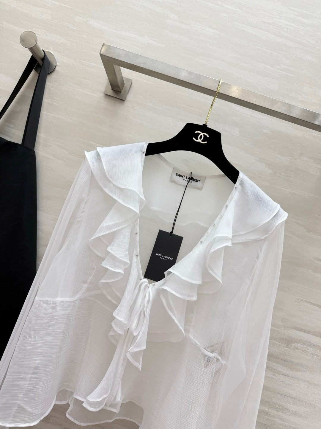 YSL 26s V-neck Ruffle Top White Mesh 396986