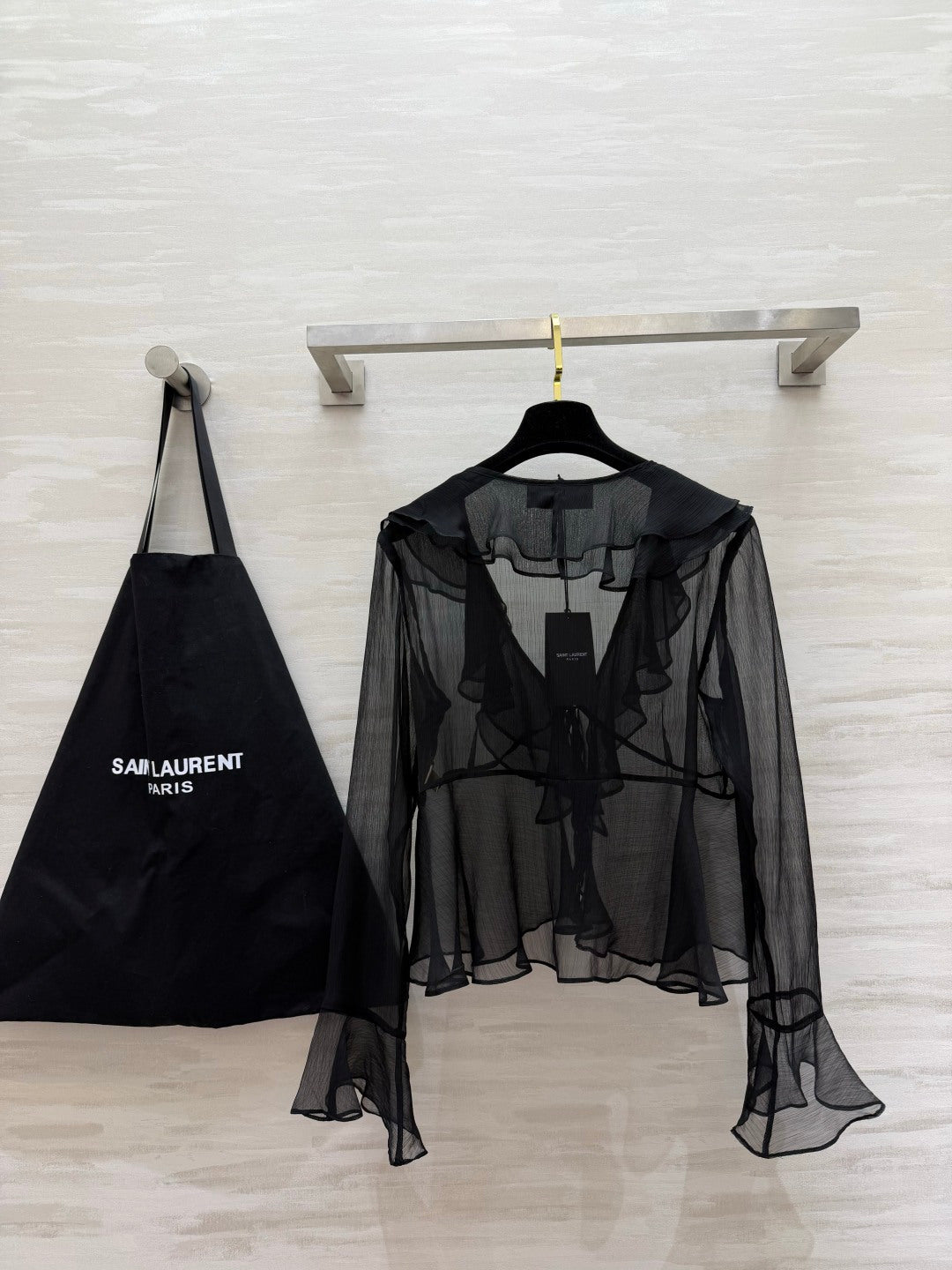 YSL 26s V-neck Ruffle Top Black Mesh 396988