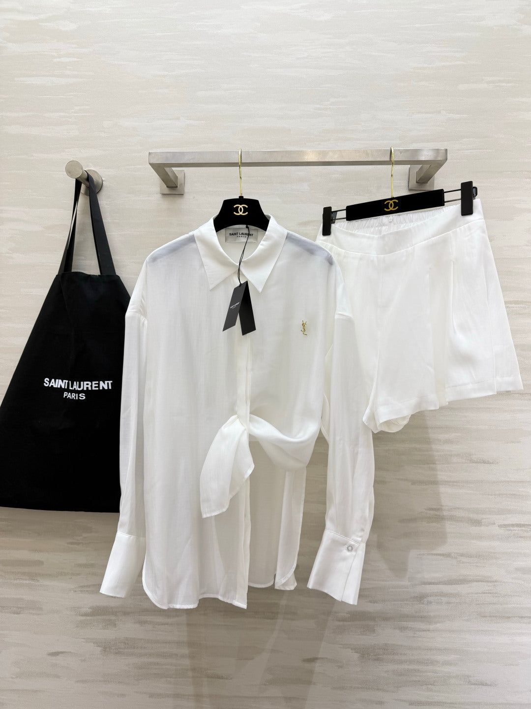 YSL 26s Long-Sleeved Silk Shirt Set White 398905