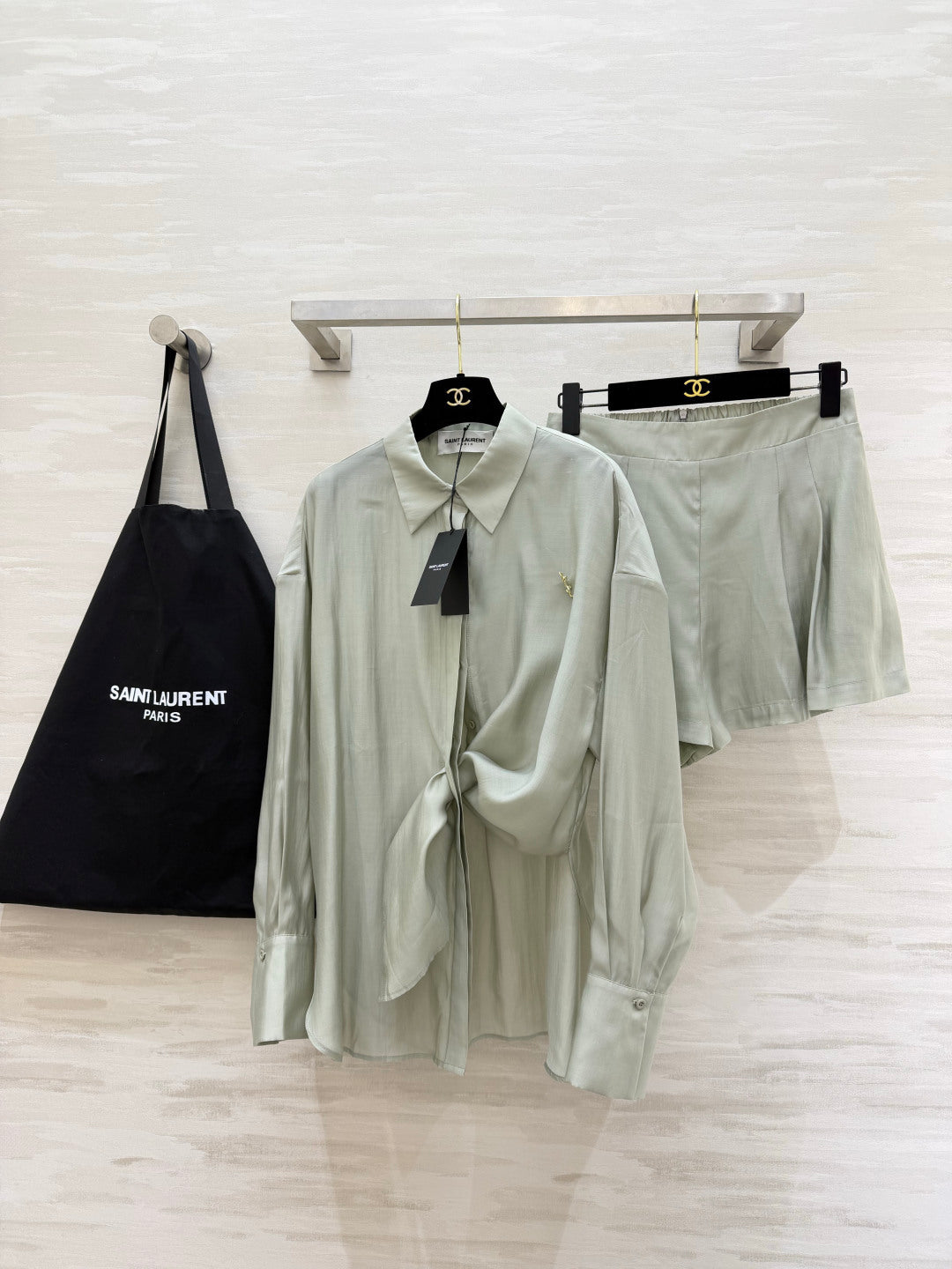 YSL 26s Long-Sleeved Silk Shirt Set Grey 398904