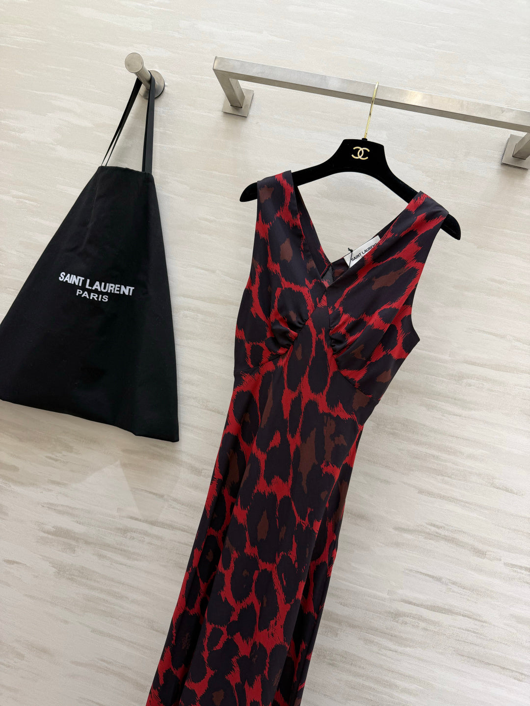 YSL 26s V-Neck Maxi Dress Black Red Dress 398892