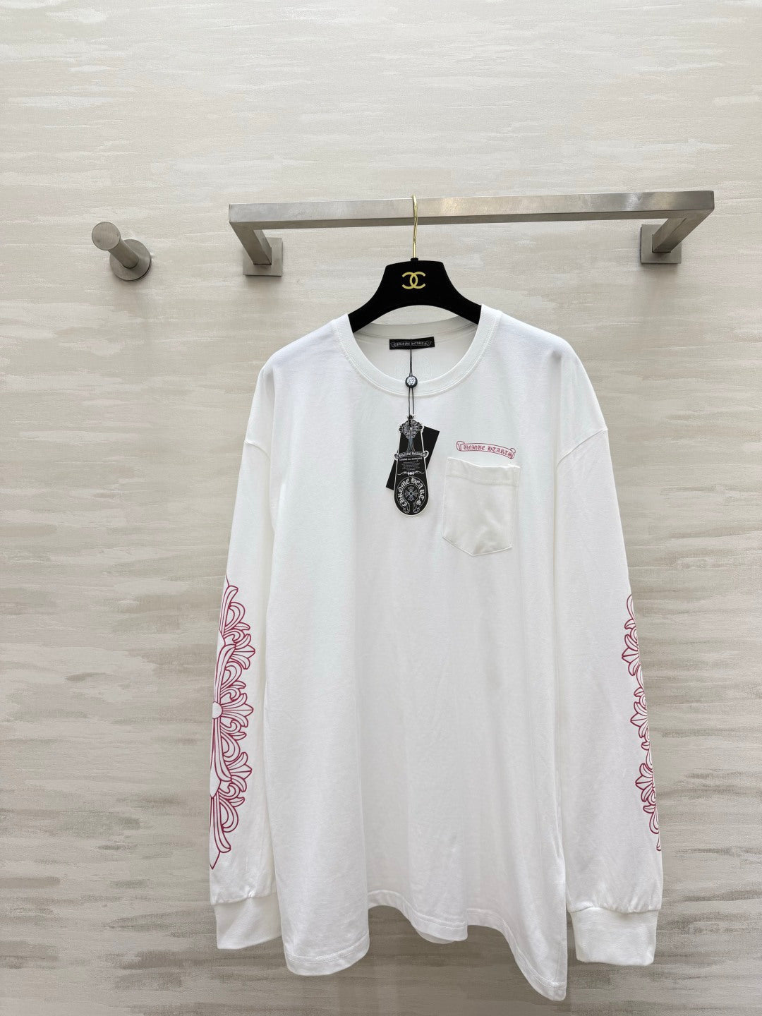 Chorme Heart Long-Sleeved Top Pink White Cotton 408811