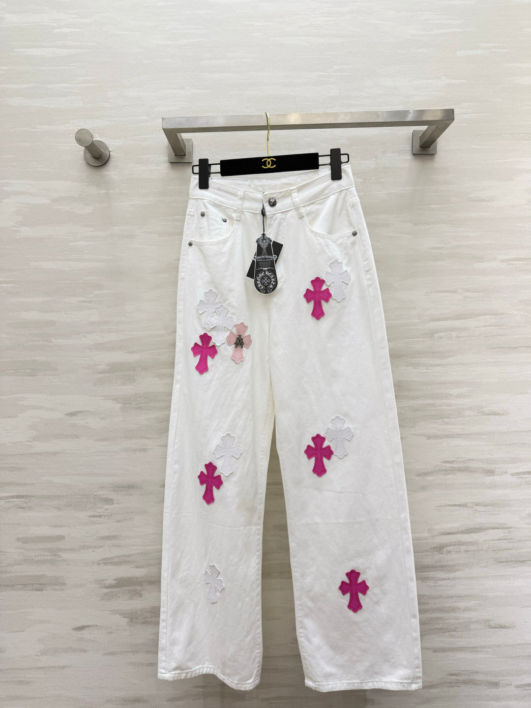 Chorme Heart Cross Patchwork Jeans Pink White Denim 408813