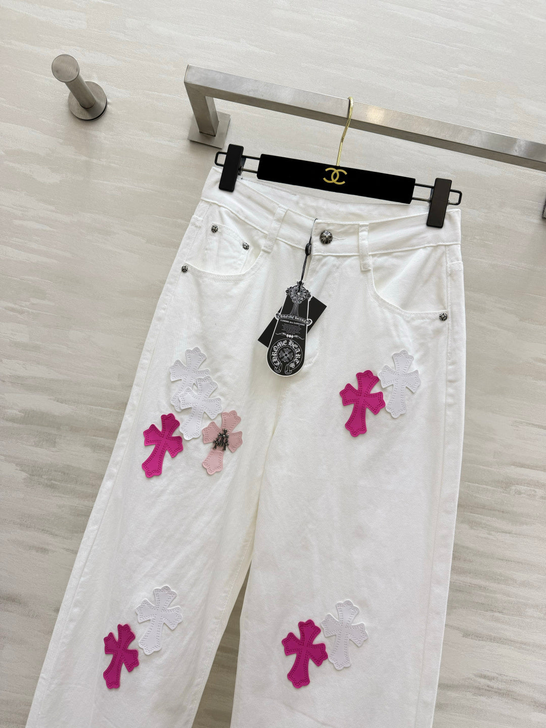 Chorme Heart Cross Patchwork Jeans Pink White Denim 408813
