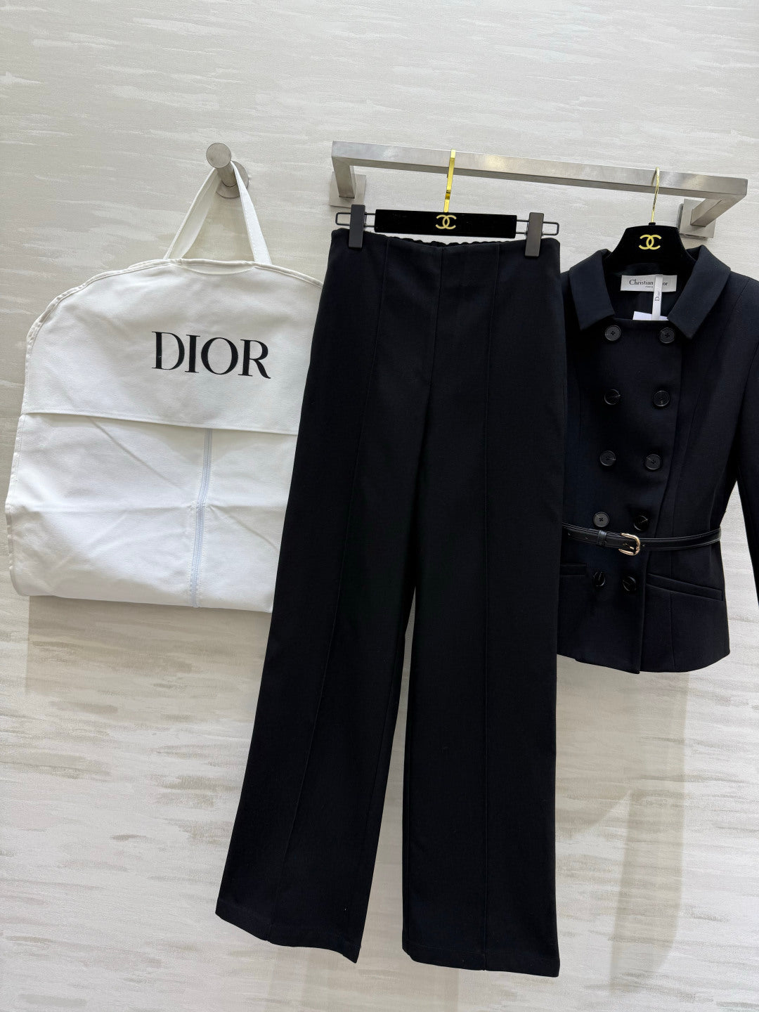 CD 26s Set Belted Jacket & Pant Black Virgin Wool and Silk 414136