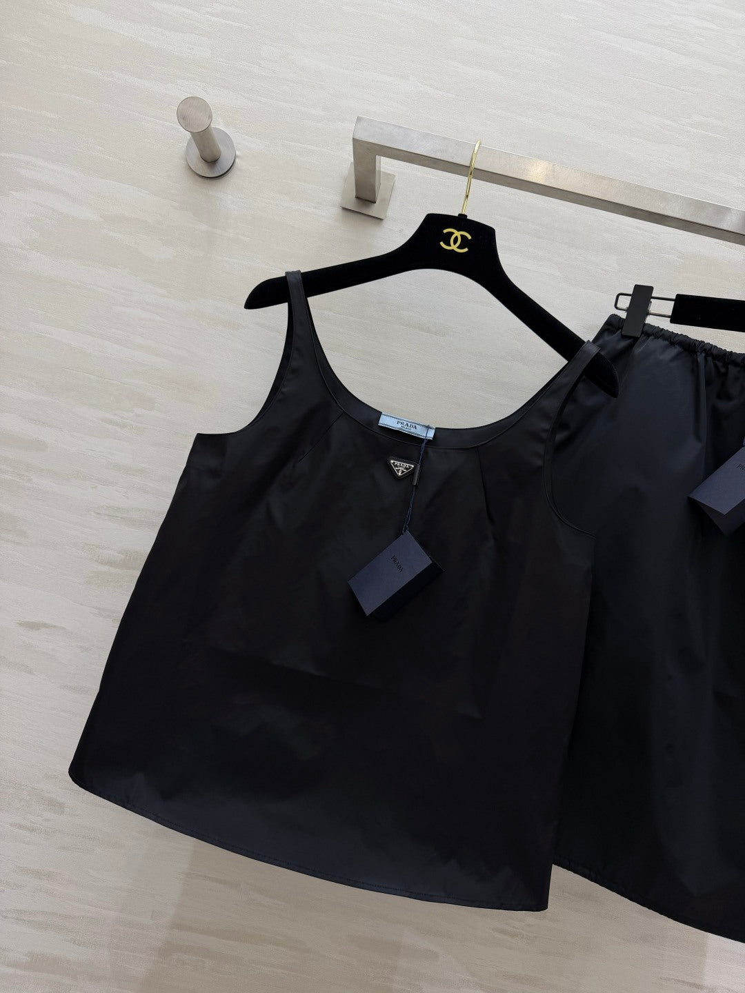 Prada Two-Piece Set Drawstring Skirt U-neck Black Camisole Nylon 416021