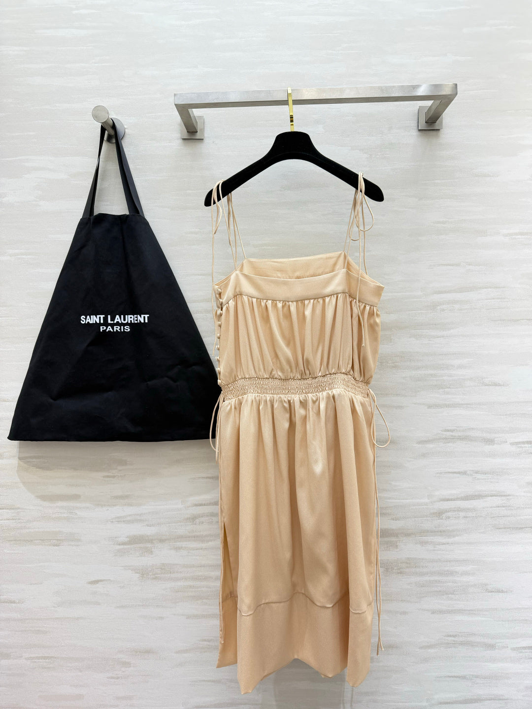 YSL 26s Ballon Midi Dress Light Beige Silk 415980