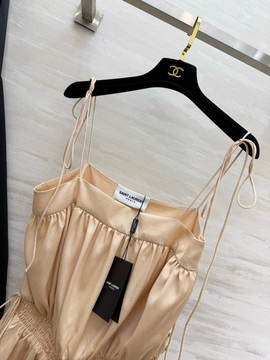YSL 26s Ballon Midi Dress Light Beige Silk 415980