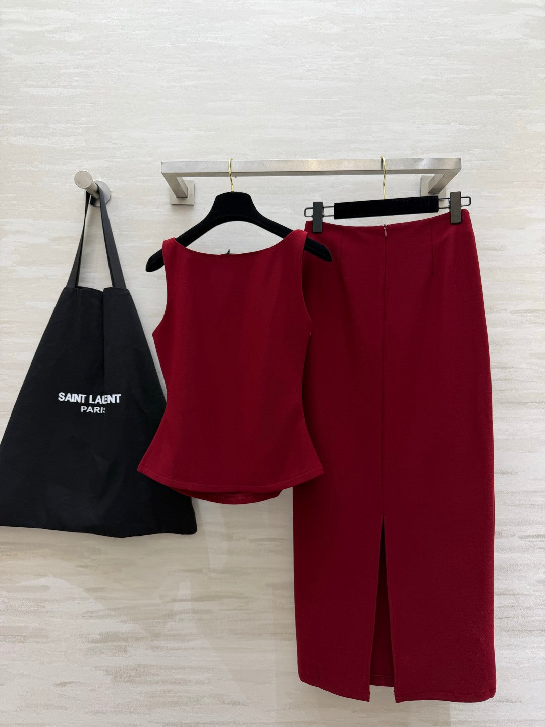 YSL 26s Sleeveless Vest + Straight Skirt Set Burgundy Linen 422159
