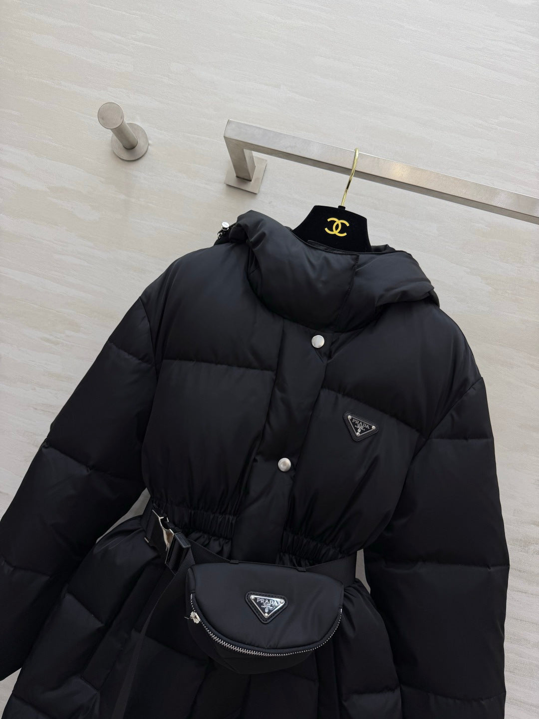 Prada 26s Puffer Coat Black Belt Bag Triangle Logo 427380