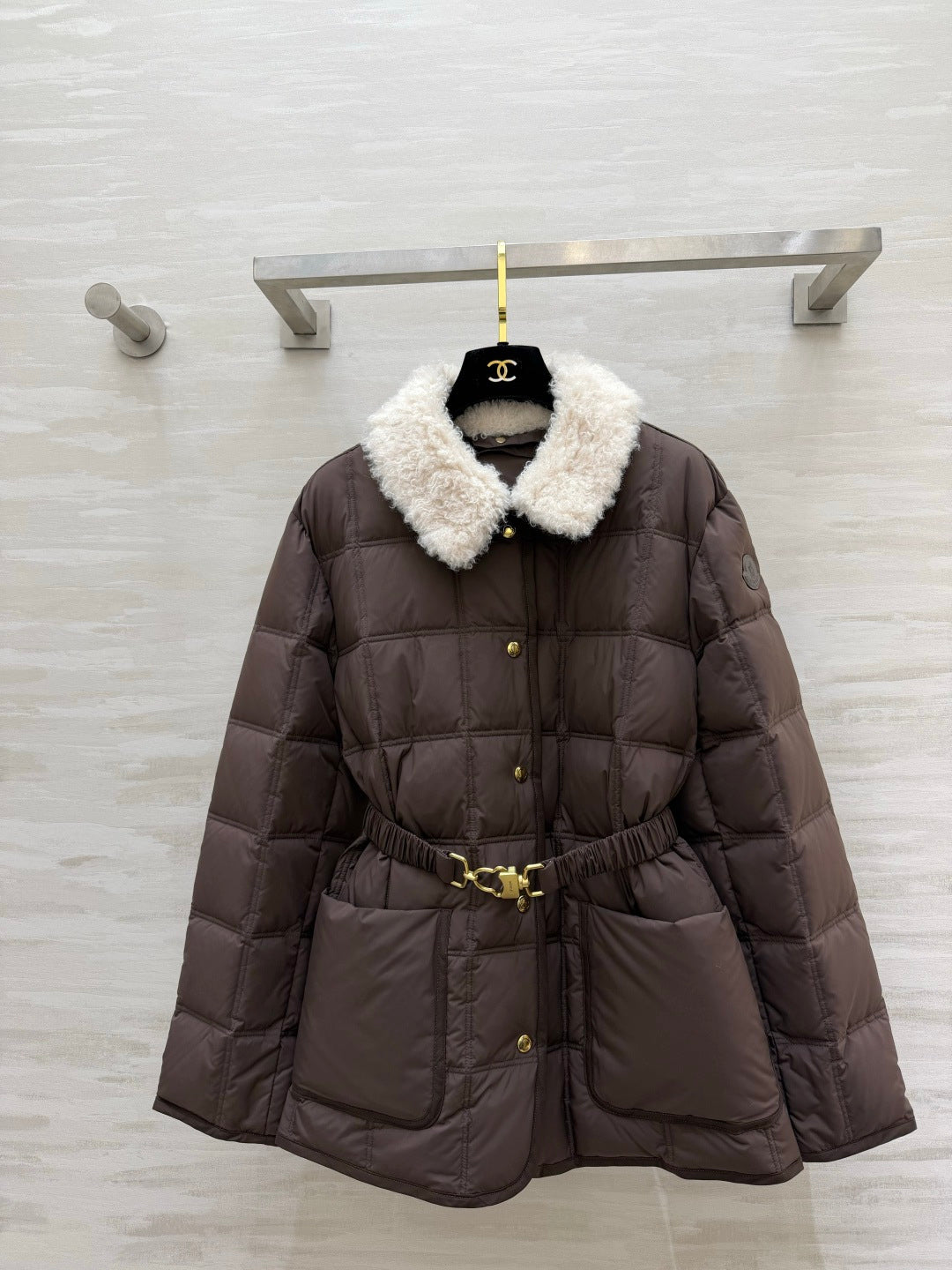 Moncler 26s Puffer Jacket Brown White Shearling Collar Belt 427374