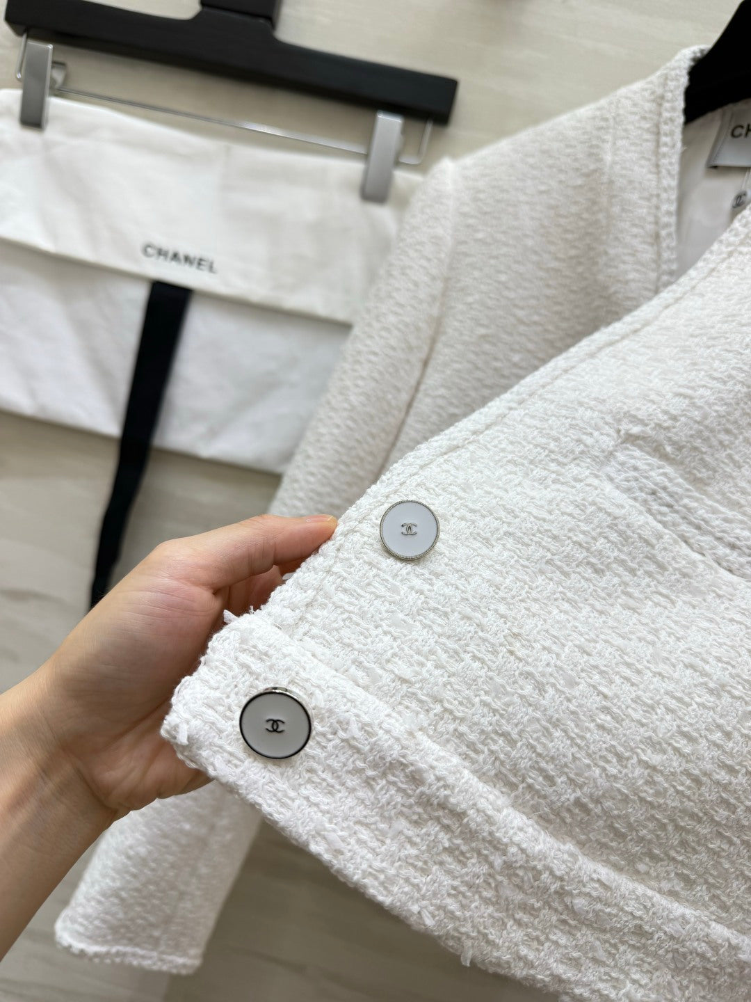 Chanel 26s Tweed Camellia Brooch Cropped Jacket White 438867