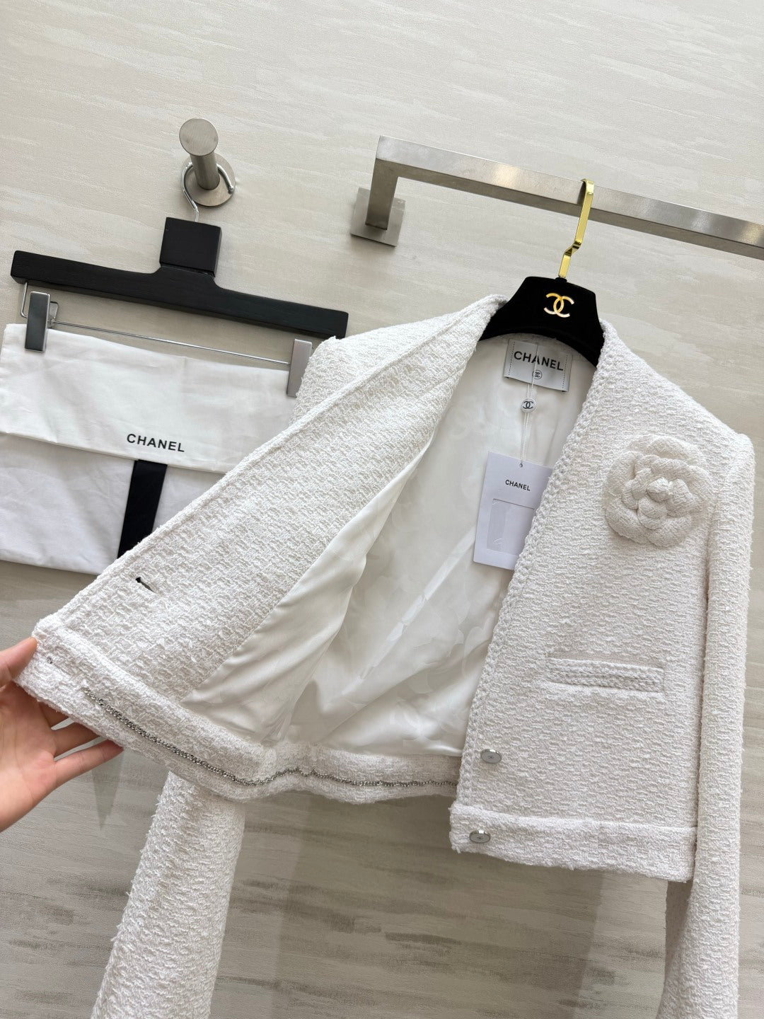 Chanel 26s Tweed Camellia Brooch Cropped Jacket White 438867