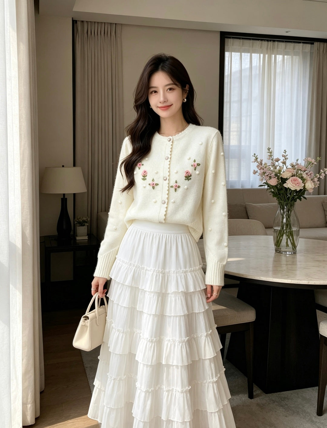 Chanel 26s Embroidered Floral Bobble Knit Cardigan White 438843