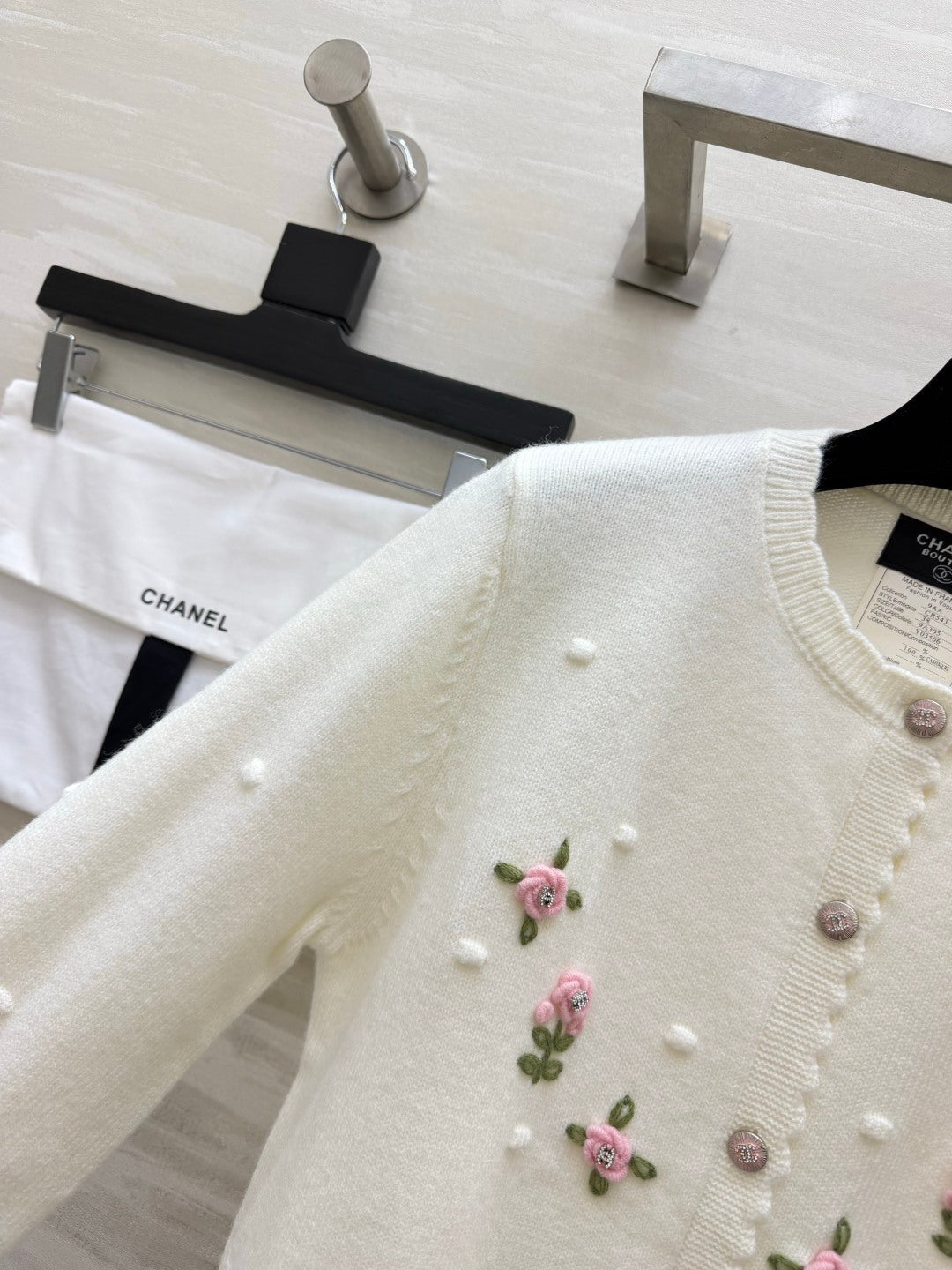 Chanel 26s Embroidered Floral Bobble Knit Cardigan White 438843