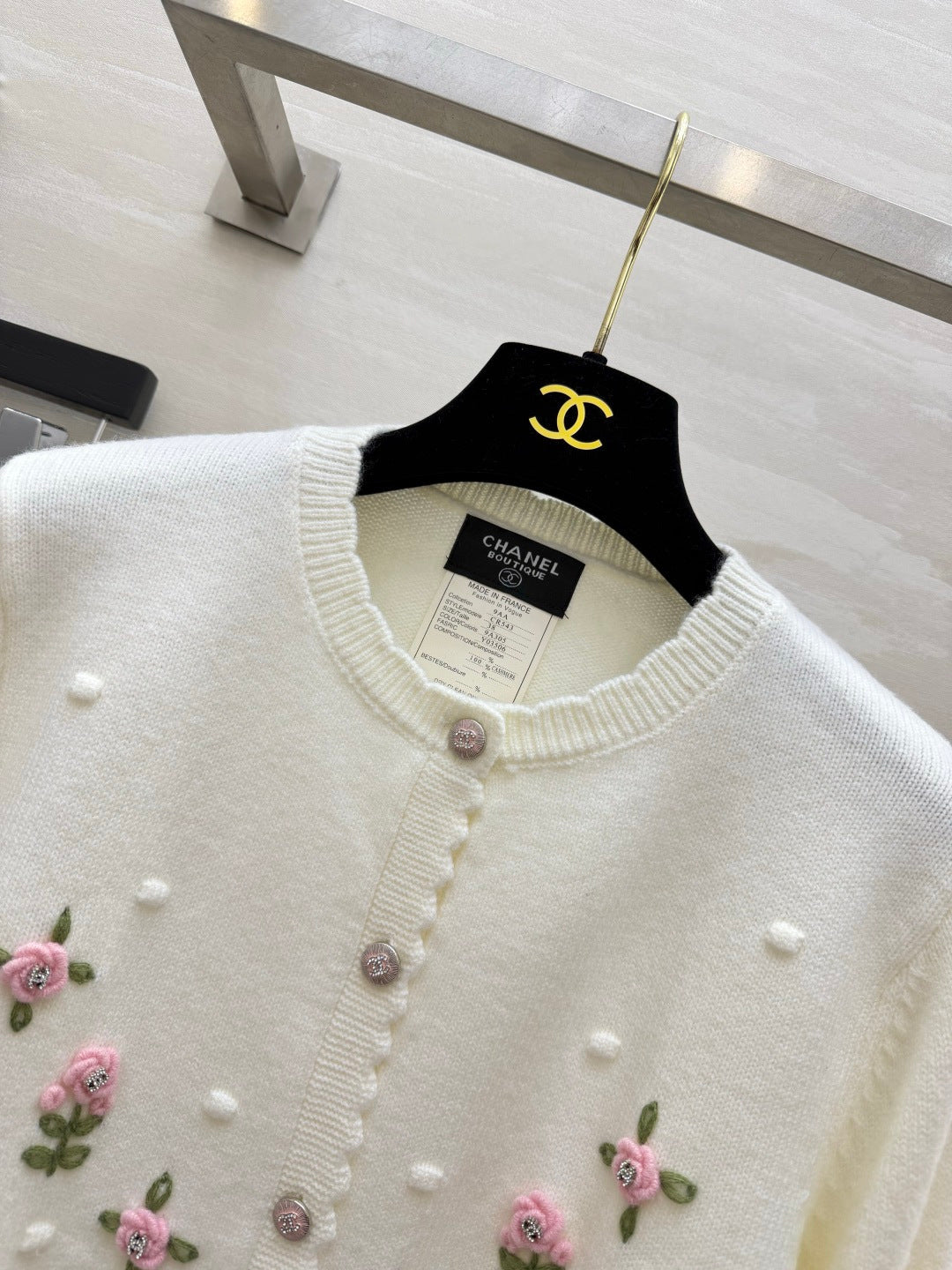 Chanel 26s Embroidered Floral Bobble Knit Cardigan White 438843