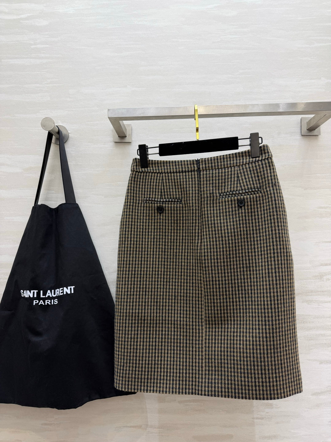 YSL 26s Houndstooth Front-Slit Wool Pencil Skirt Taupe 438810