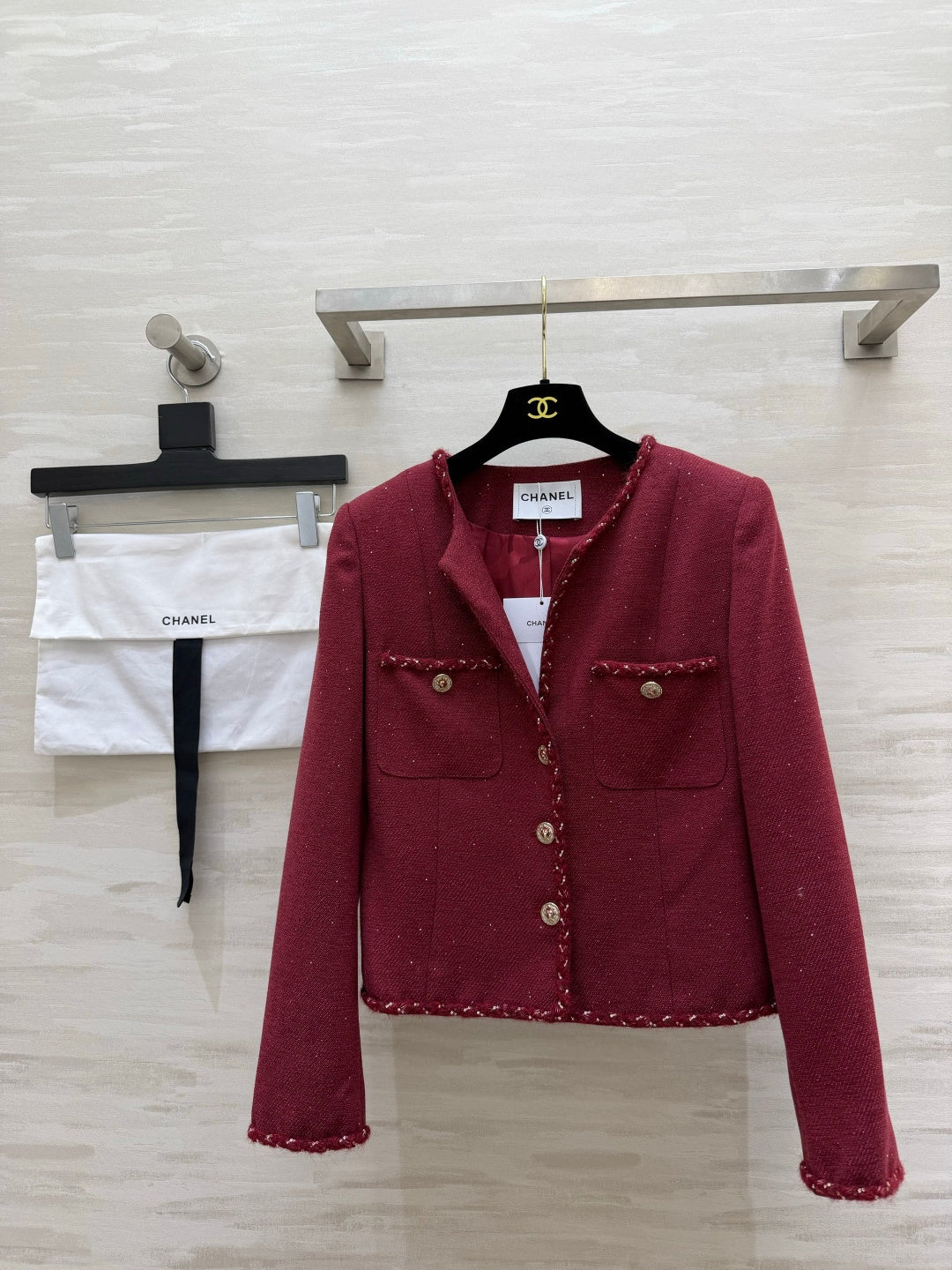 Chanel Shimmering Tweed Jacket Bordeaux Wool 437229