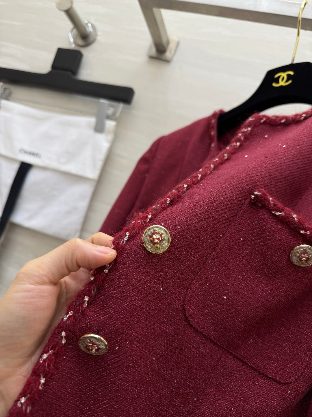 Chanel Shimmering Tweed Jacket Bordeaux Wool 437229
