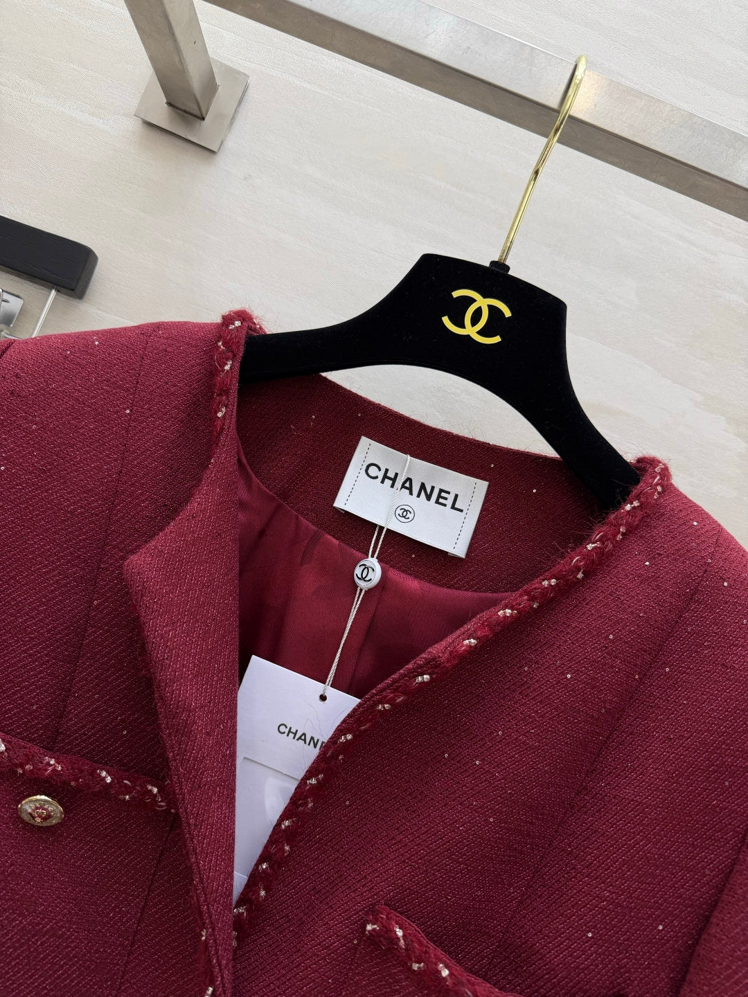 Chanel Shimmering Tweed Jacket Bordeaux Wool 437229