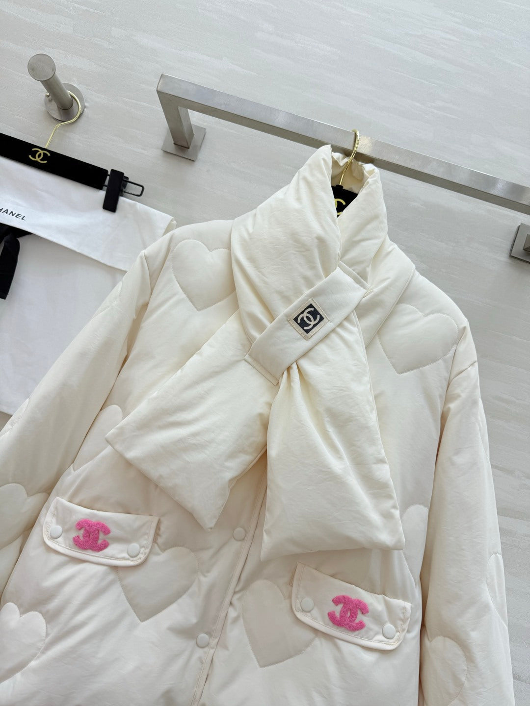 Chanel 26s White Heart-Quilted Puffer Jacket With Scarf Style 435327