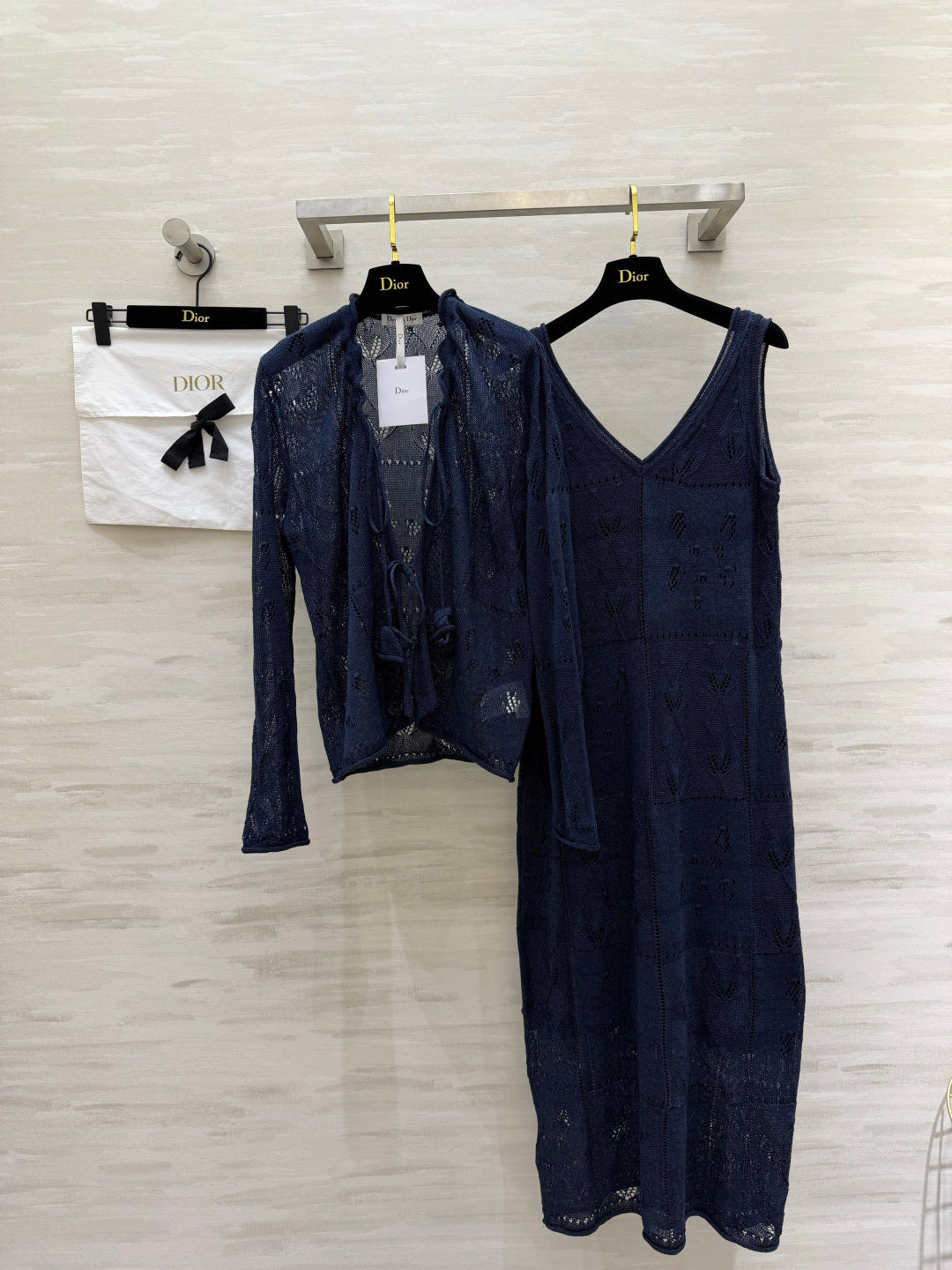 CD 26s Openwork Knit Cardigan & Dress Set Navy Blue Cotton 437224