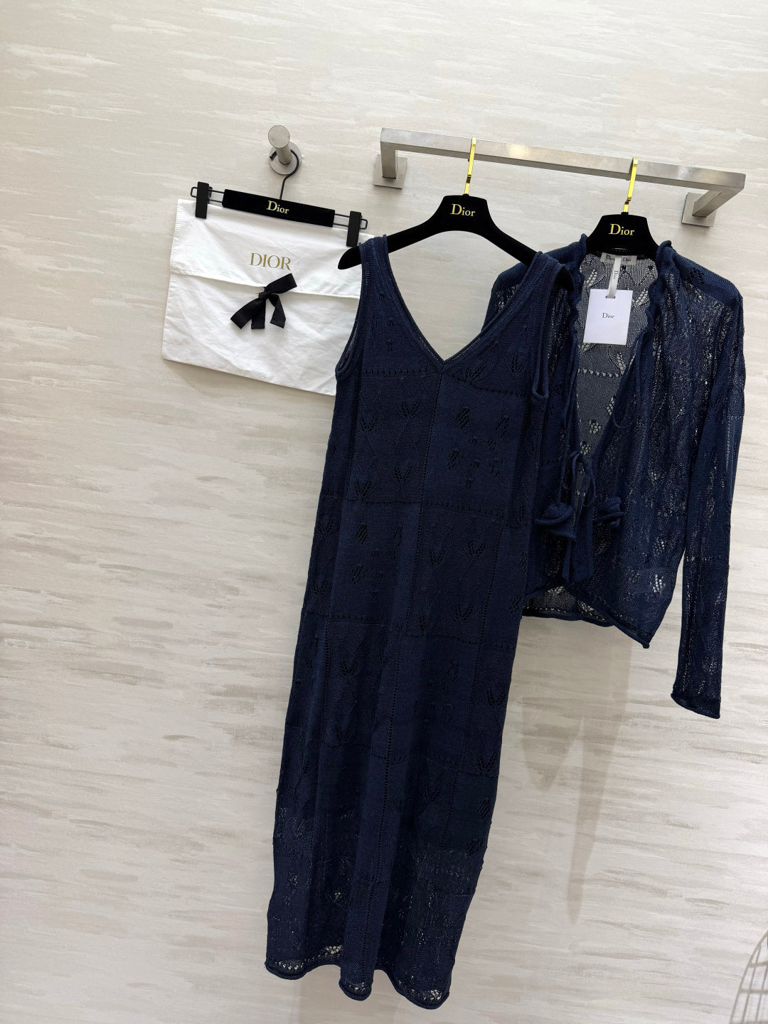 CD 26s Openwork Knit Cardigan & Dress Set Navy Blue Cotton 437224