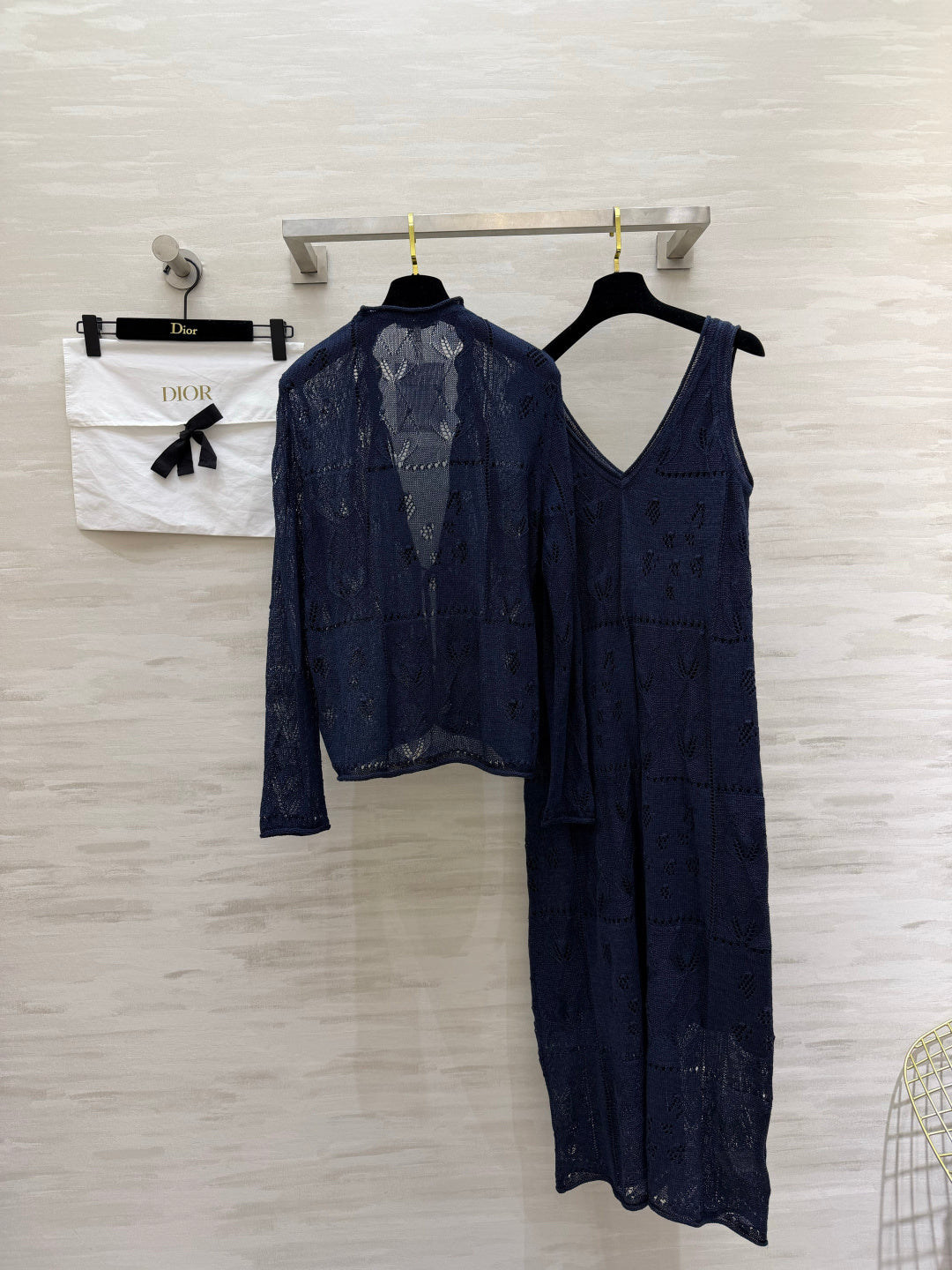 CD 26s Openwork Knit Cardigan & Dress Set Navy Blue Cotton 437224
