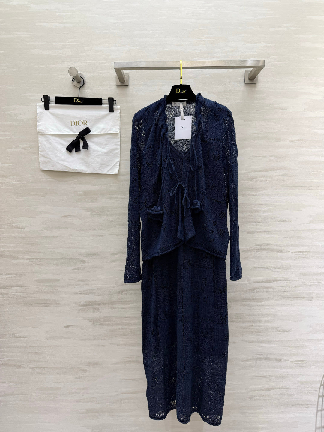 CD 26s Openwork Knit Cardigan & Dress Set Navy Blue Cotton 437224