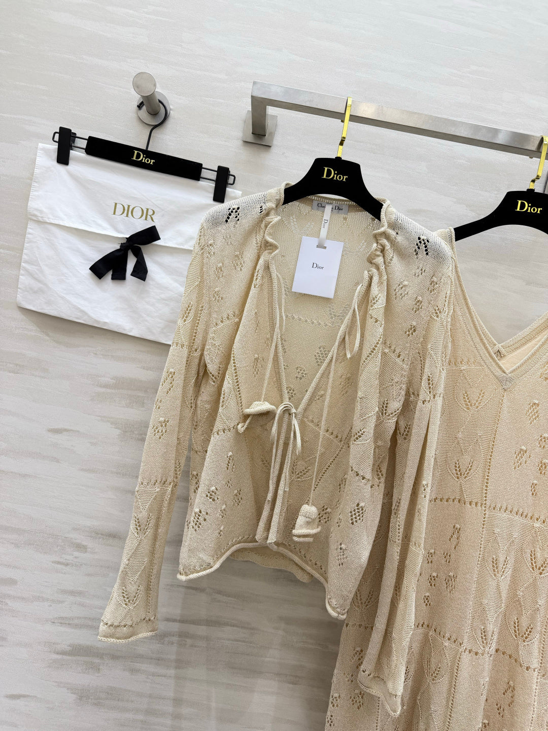 CD 26s Openwork Knit Cardigan & Dress Set Beige Cotton 437219