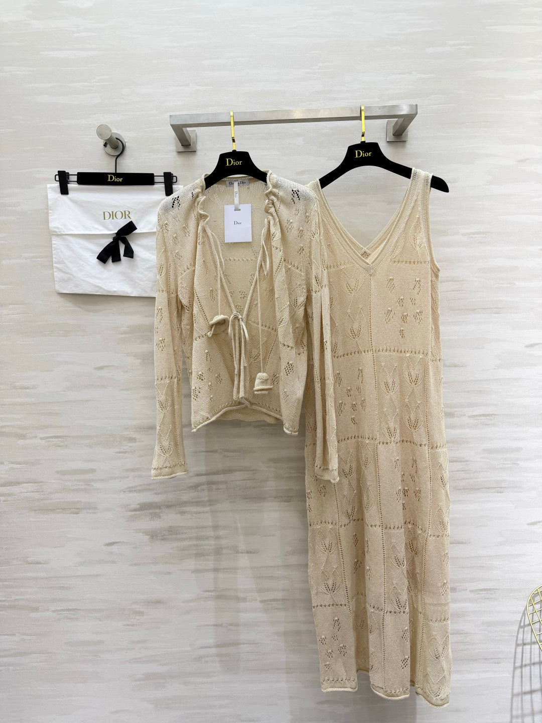 CD 26s Openwork Knit Cardigan & Dress Set Beige Cotton 437219