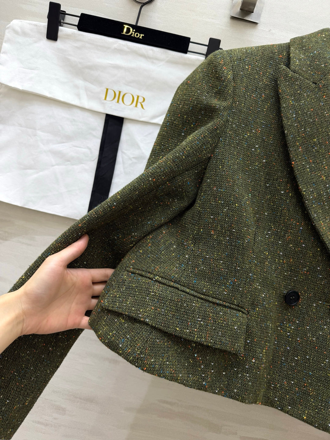 CD 26s Cropped Jacket & Pleated Skirt Set Khaki Green Tweed 437187