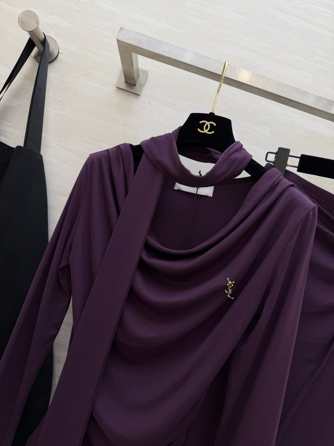 YSL 26s Draped Scarf Top & Midi Skirt Set Purple Silk 437097